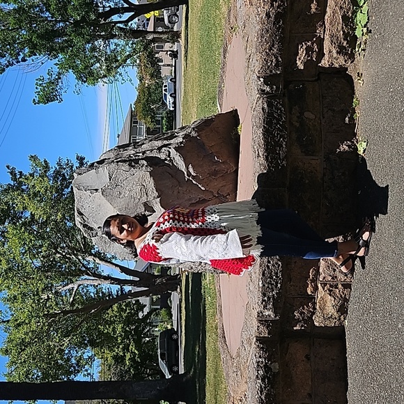 Hand Crafted Fringe White & Red Crochet Granny Square Multicolored Top Handmade - Picture 8 of 17
